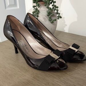 Salvatore Ferragamo Black Patent Peep-Toe Heels